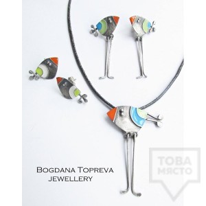 Сребърни обеци Топрева  - дълги пъстри пилета