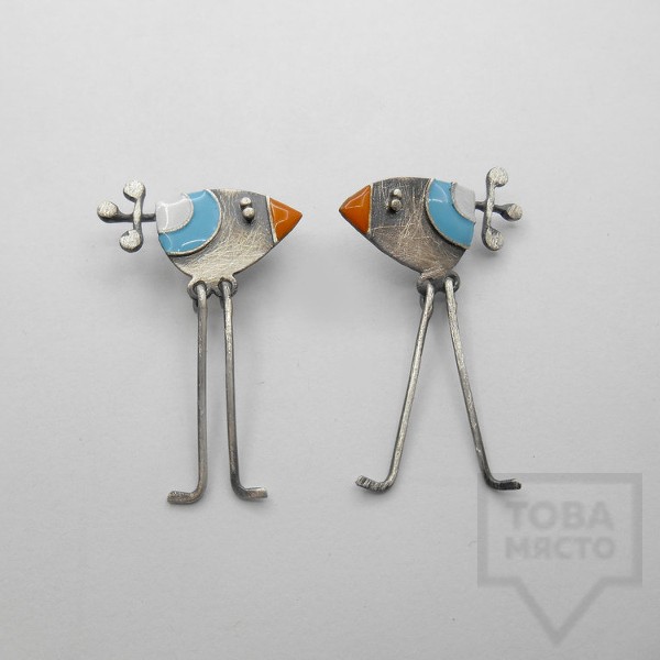 Сребърни обеци Топрева  - дълги пъстри пилета