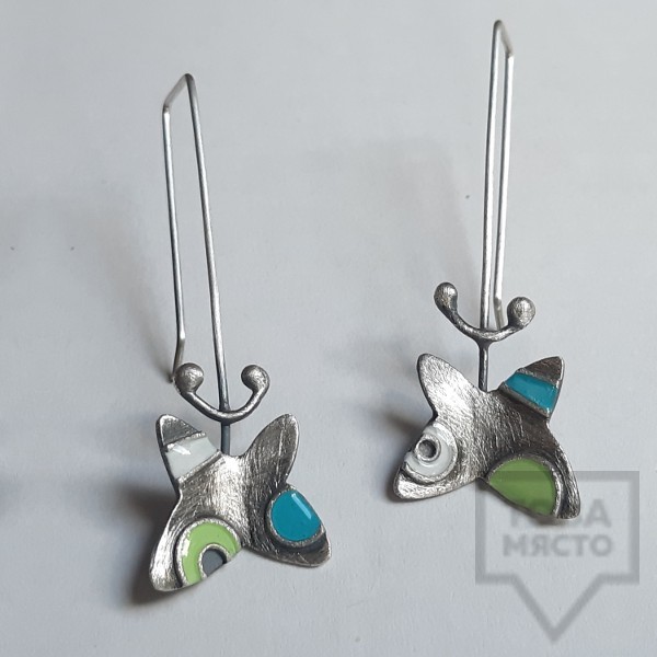 Сребърни обеци Топрева - пъстри пеперуди дълги