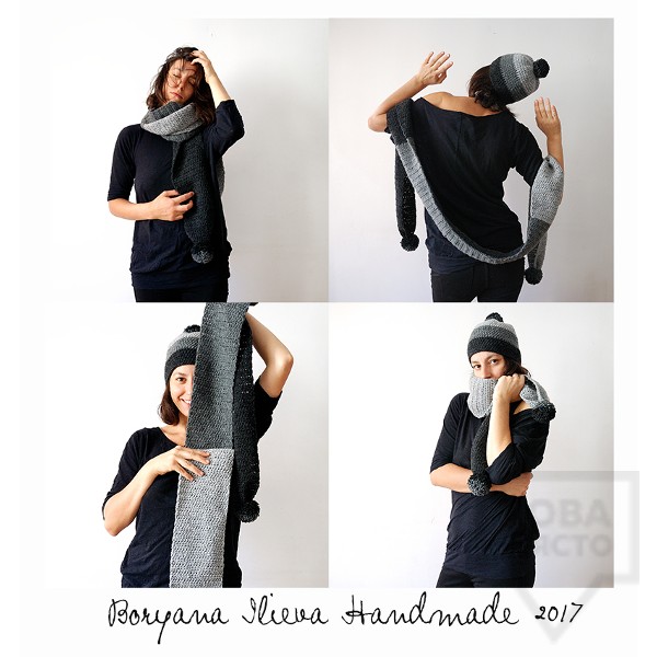 Плетени шапка и шал Boryana Ilieva Handmade - черно и сиво