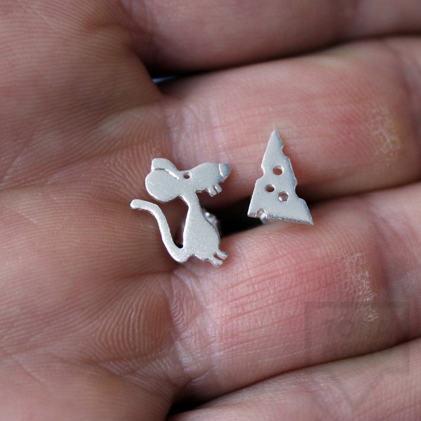 Сребърни обеци Gargorock - мишка и сиренце