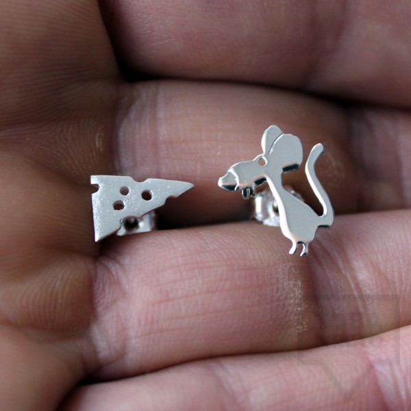 Сребърни обеци Gargorock - мишка и сиренце