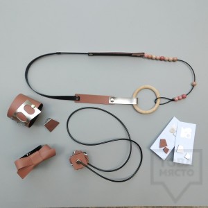 Колие с гривна и пръстен MODO - лак и кафява кожа