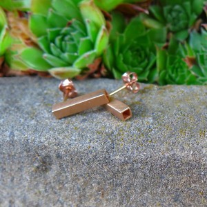 Сребърни обеци квадратна тръбичка Pin - розово злато