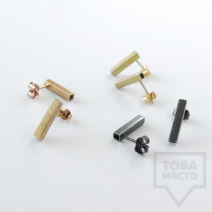 Сребърни обеци квадратна тръбичка Pin - жълто злато