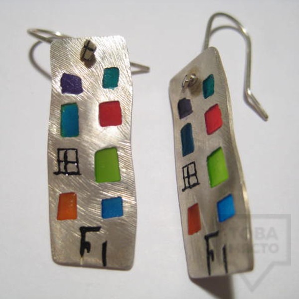 Сребърни висящи обеци Polina Dimitrova - блокчета