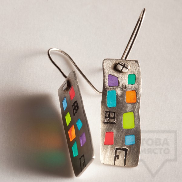 Сребърни висящи обеци Polina Dimitrova - блокчета