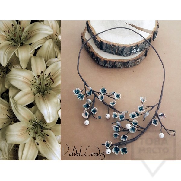Ръчно изработено колие VelvetLeaves - clay flowers бяло