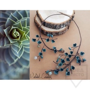 Ръчно изработено колие VelvetLeaves - clay flowers петрол