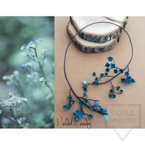 Ръчно изработено колие VelvetLeaves - clay flowers тъмносиньо