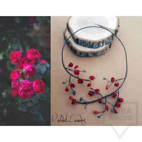 Ръчно изработено колие VelvetLeaves - clay flowers червено